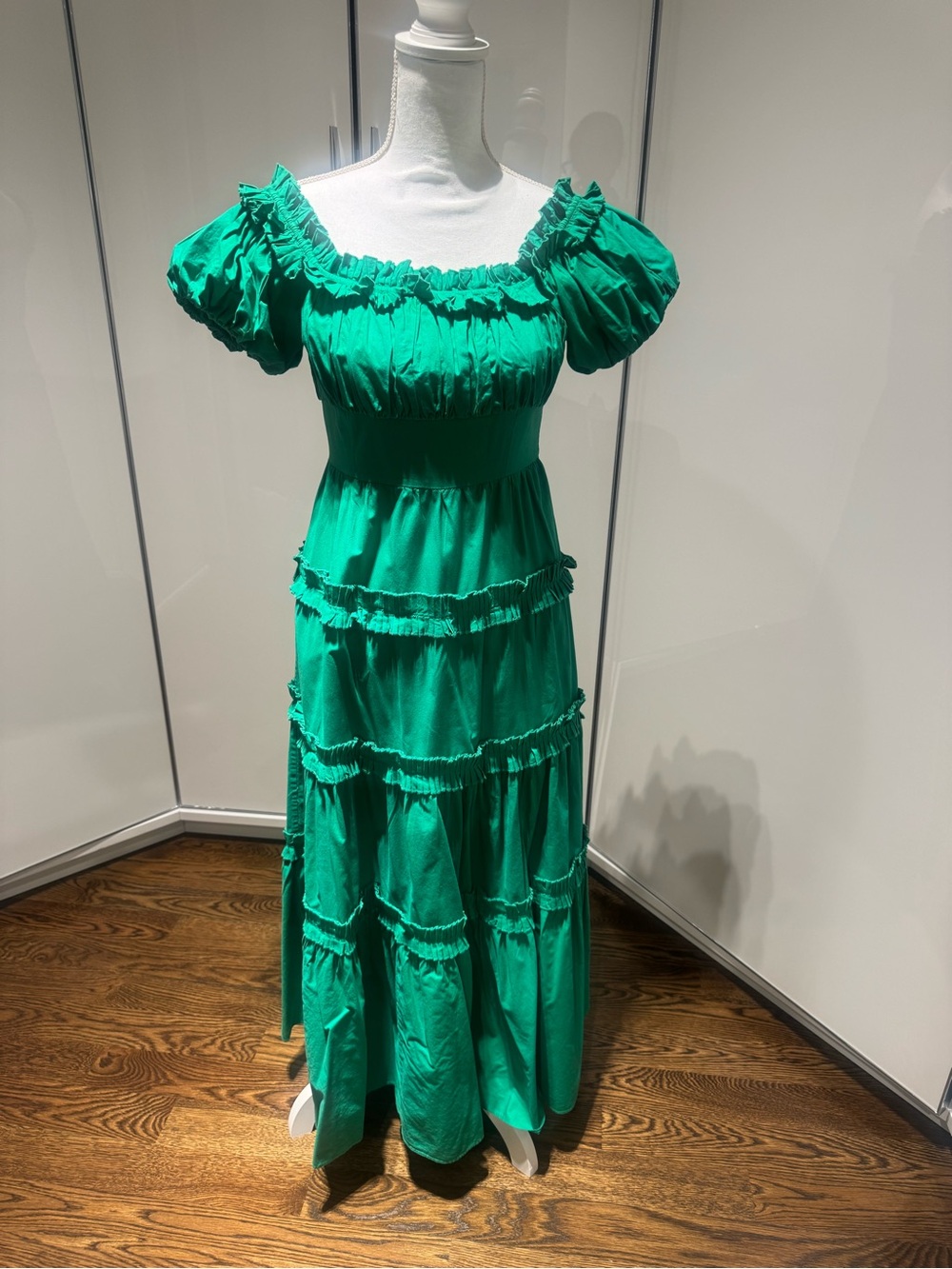 Smocked Waist Emerald Green Tiered Maxi Dress with Puff Sleeves